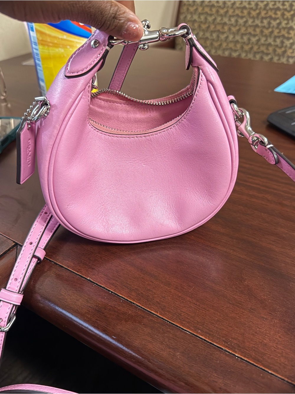 Leather Crescent Mini Crossbody Bag in Pink